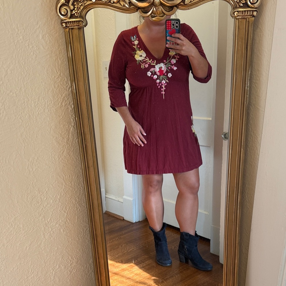 Johnny Was Burgundy Floral Embroidered Dress
